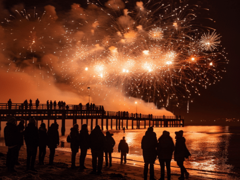 Feiernde beobachten Feuerwerk über dem Meer beim COOEE Ostseehotel Baabe zu Silvester