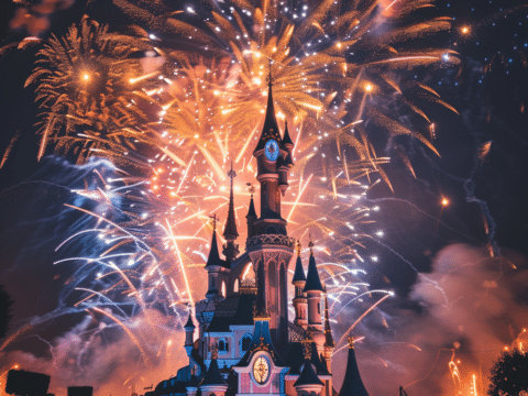 Feuerwerk erleuchtet das Schloss von Disneyland Paris bei Nacht, nahe Hotel Fantasia, Silvesterfeier.