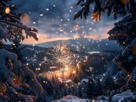 Feuerwerk über The Royal Inn Hotel Wilder Mann im verschneiten Erzgebirge zur Silvesternacht