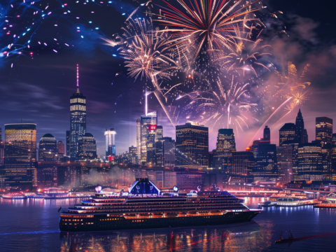 Kreuzfahrtschiff MSC Meraviglia mit Feuerwerk über New Yorks Skyline zu Silvester