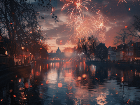 Feurige Silvesternacht mit prächtigem Feuerwerk reflektiert im Fluss nahe dem Altstadt Hotel Potsdam