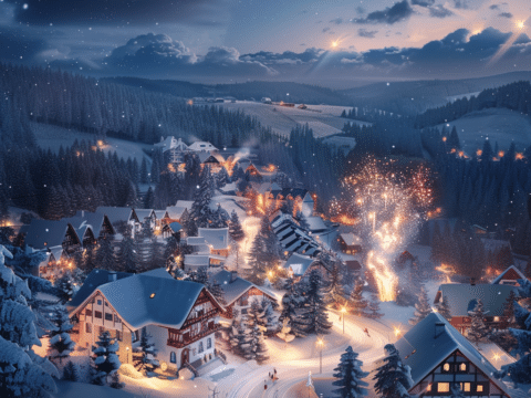 Silvesterfeierlichkeiten mit Feuerwerk in einem verschneiten Dorf im Bayerischen Wald, umgeben von beleuchteten Hotels und schneebedeckten Bäumen