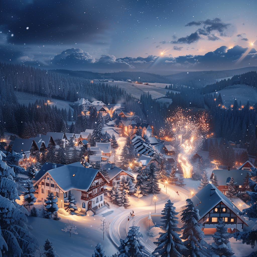 Silvesterfeierlichkeiten mit Feuerwerk in einem verschneiten Dorf im Bayerischen Wald, umgeben von beleuchteten Hotels und schneebedeckten Bäumen